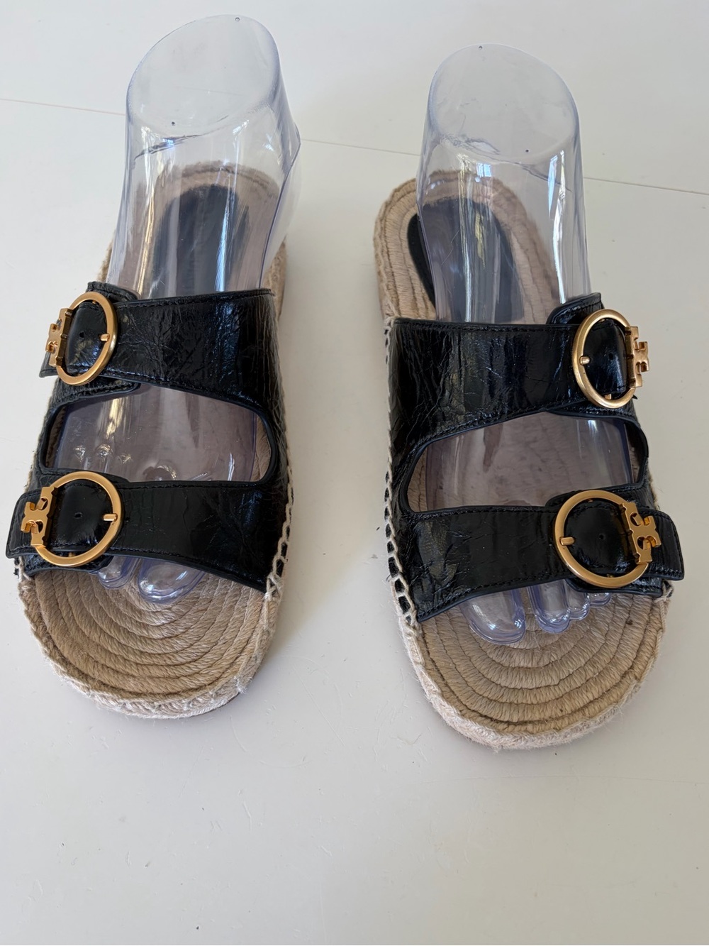 Tory Burch Selby Black Patent Leather & Jute Double Buckle Slide Sandals Size 8